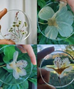 Unikke glasbrikker (Coasters) med tørrede blomster – sæt med 4