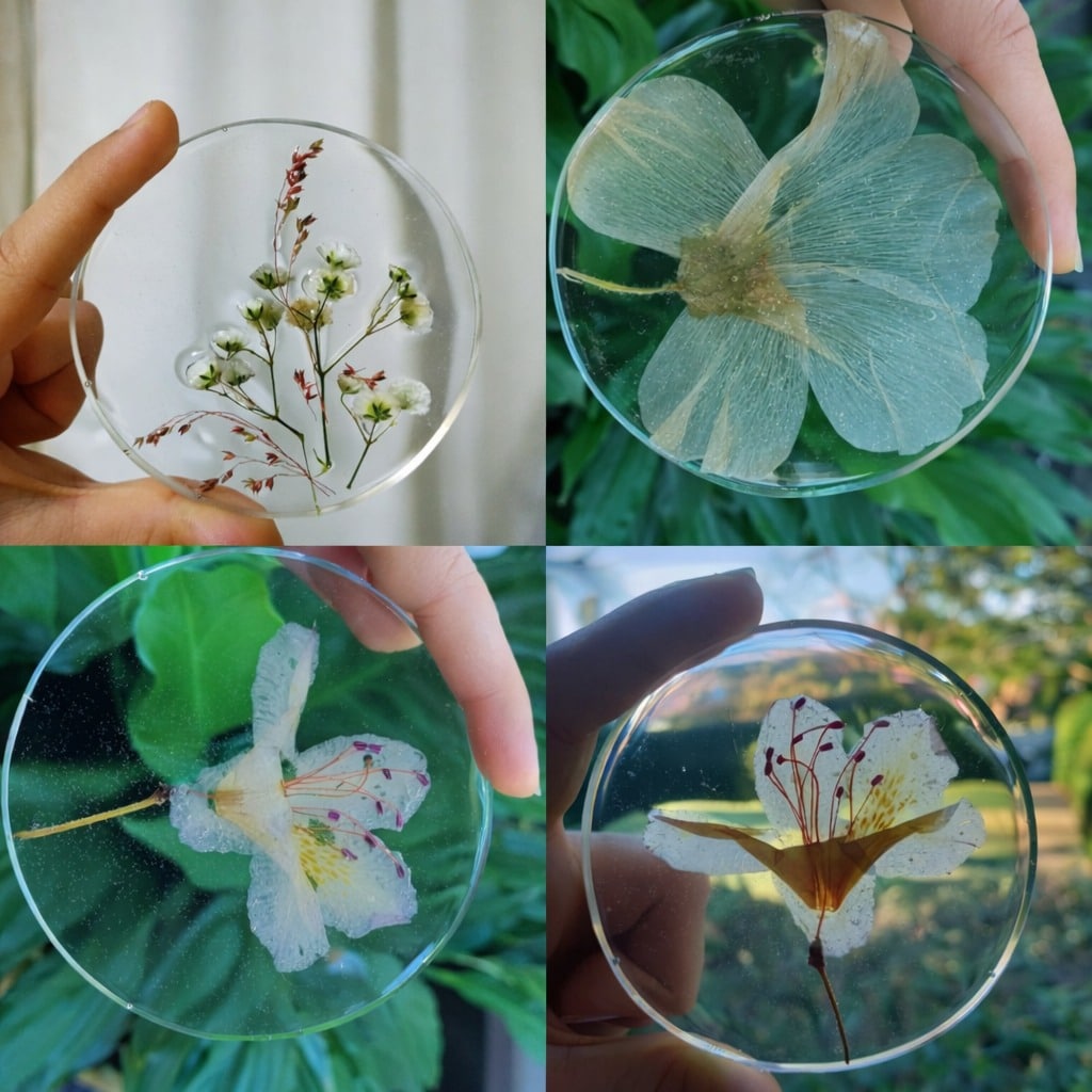 Unikke glasbrikker (Coasters) med tørrede blomster – sæt med 4