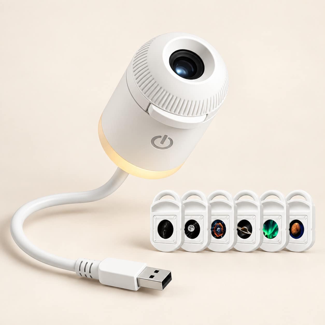 Hvid mini galakseprojektor med fleksibel USB-A-arm og udskiftelige billedslides