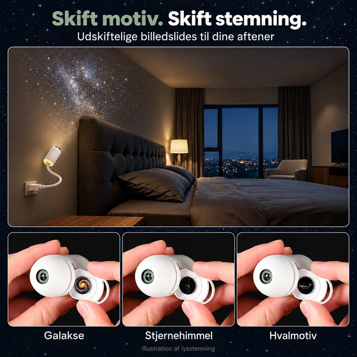 Projektor rettet mod stjernemotivet over sengen samt udskiftelige billedslides